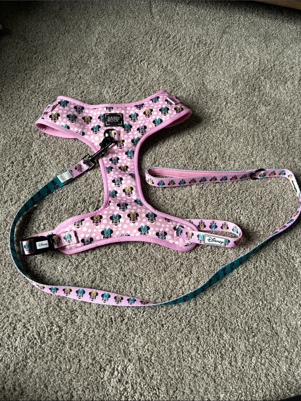 Sassy Wolf Disney Pink Minnie Mouse Dog Harness Teal Accents